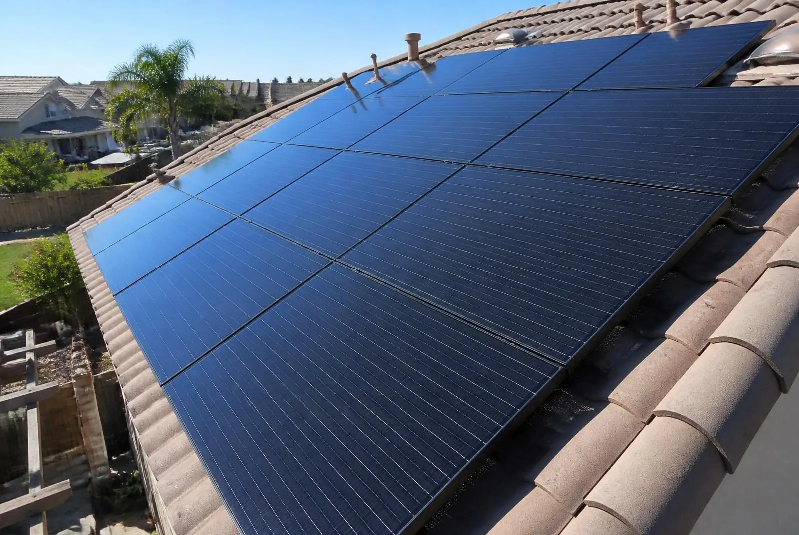 The same rooftop solar array cleaned to a spotless, streak-free finish after a Valley Concrete soft-wash.