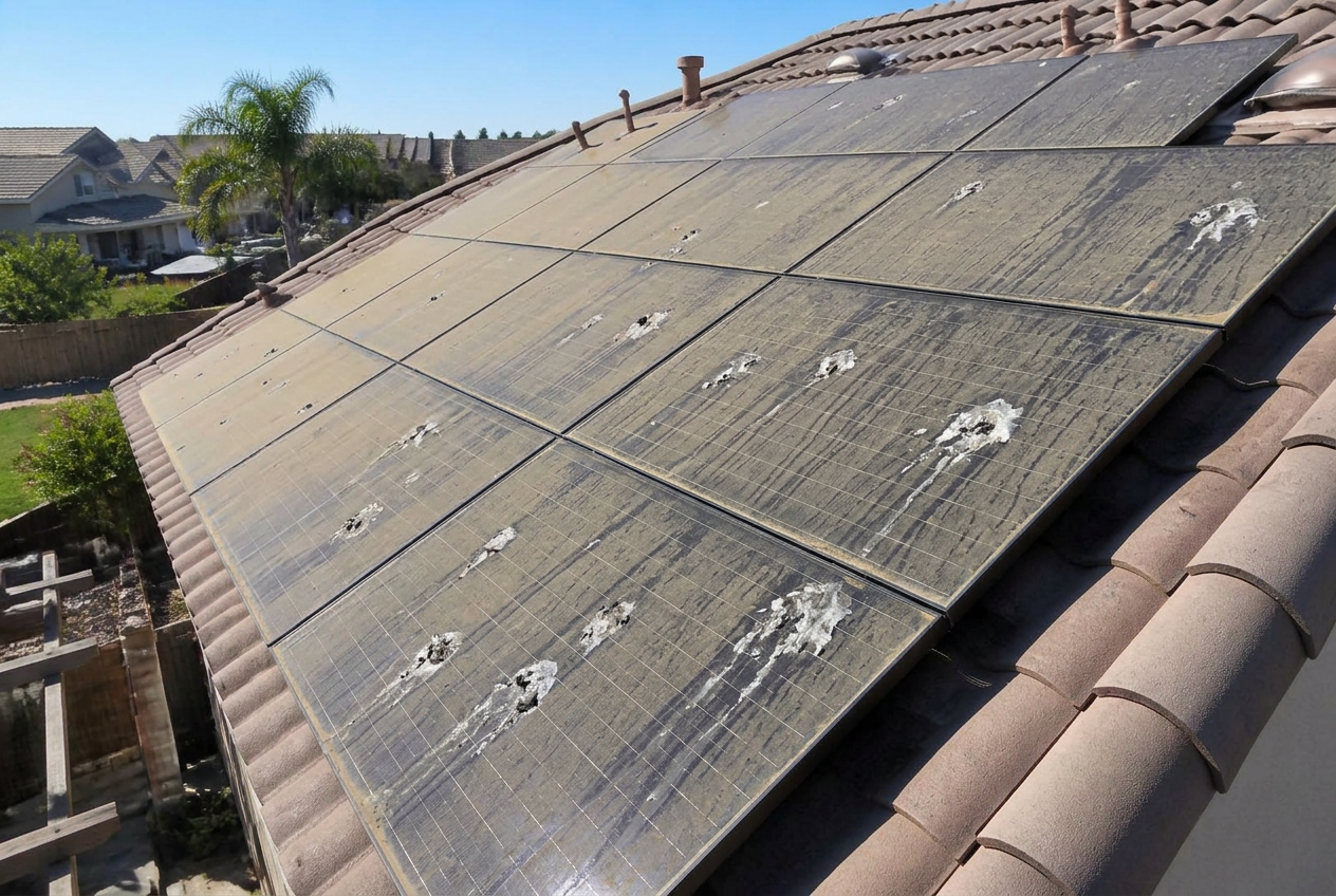 Dusty rooftop solar array coated in pollen, dirt, and bird droppings before cleaning in Clovis, CA.