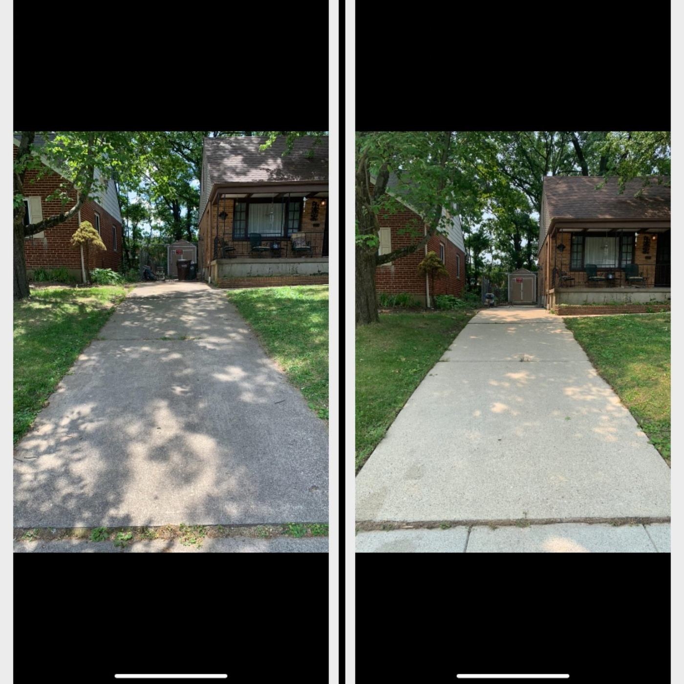 Side-by-side before and after of a residential driveway and walkway pressure washed to a bright, even concrete finish.