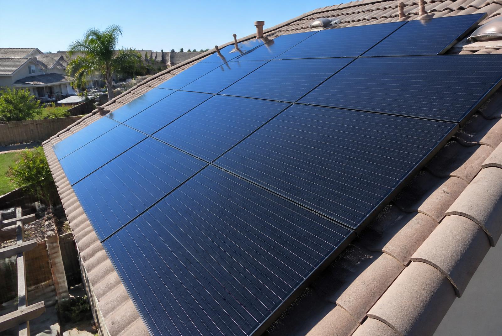 The same rooftop solar array cleaned to a spotless, streak-free finish after a Valley Concrete soft-wash.