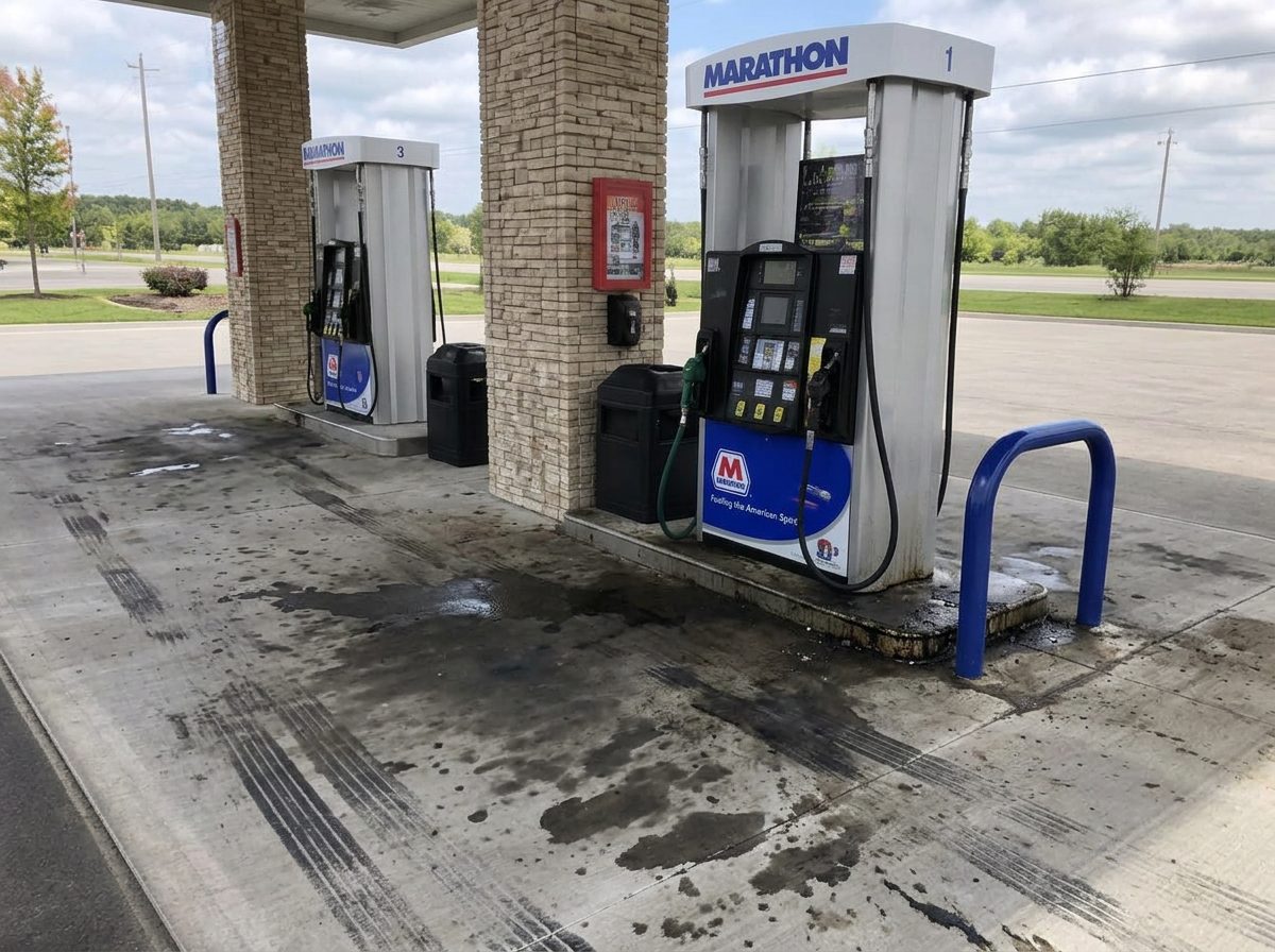 Commercial gas station fuel island with oil-stained, grimy concrete before pressure washing and degreasing.