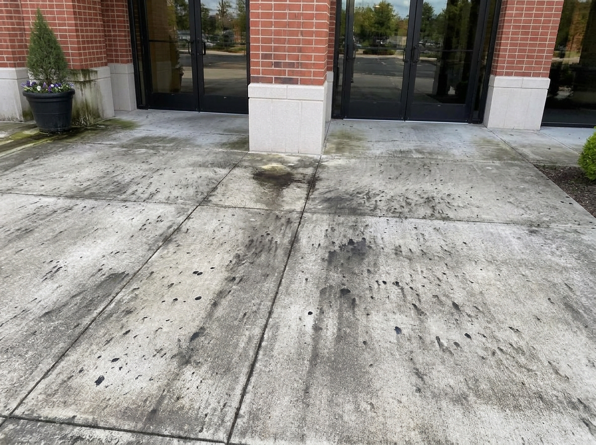 Retail storefront concrete entryway covered in grease stains, gum, and foot-traffic grime before pressure washing.