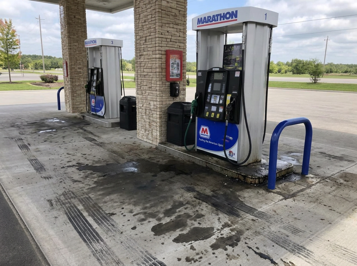 Commercial gas station fuel island with oil-stained, grimy concrete before pressure washing and degreasing.