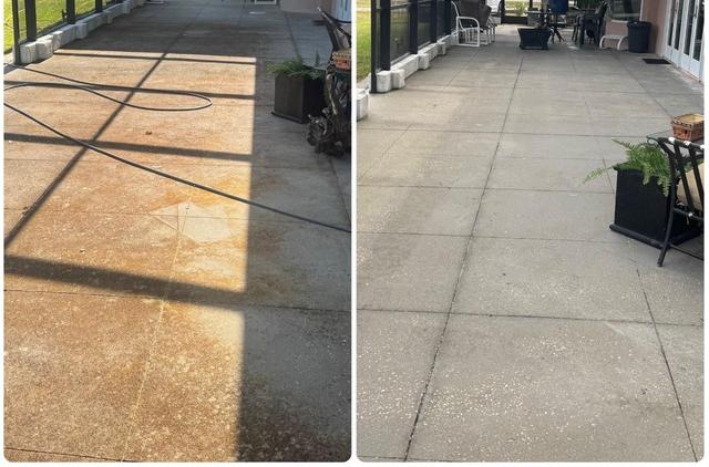 Before-and-after of a rust-stained patio restored to clean, light concrete.
