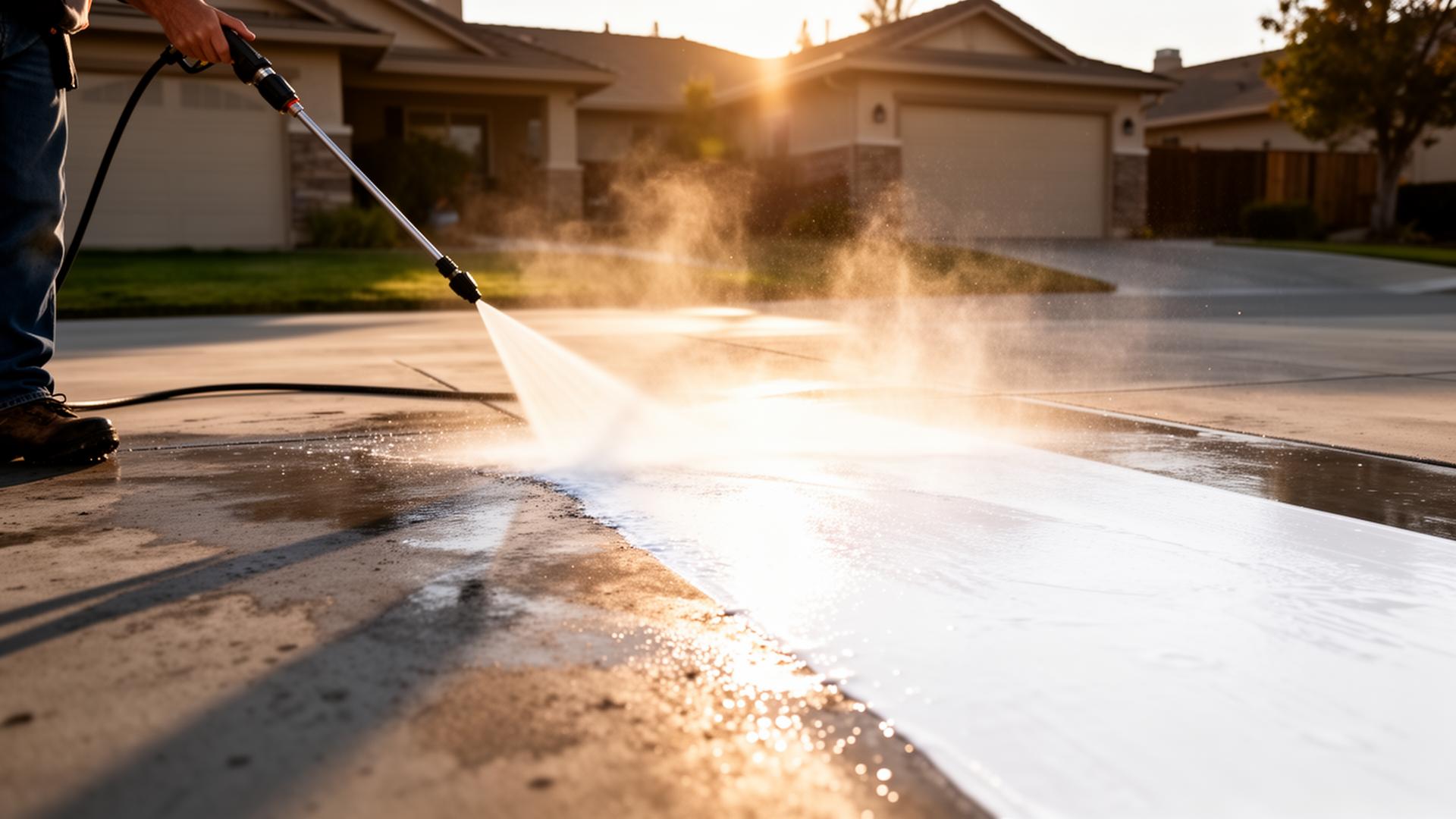 Pressure washing a concrete driveway clean in Fresno